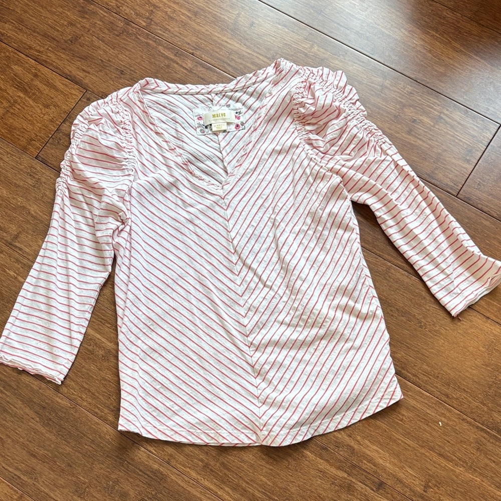 Anthropologie Maeve Pink Striped V-Neck Puff Sleeve Top, xS